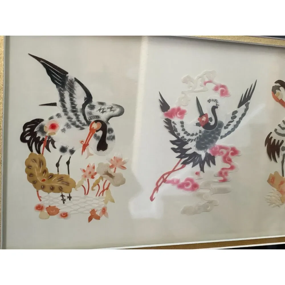 Vintage Asian Crane Silk Wall Art Framed Chinoiserie Bird Gold Frame 21” x 12.5”